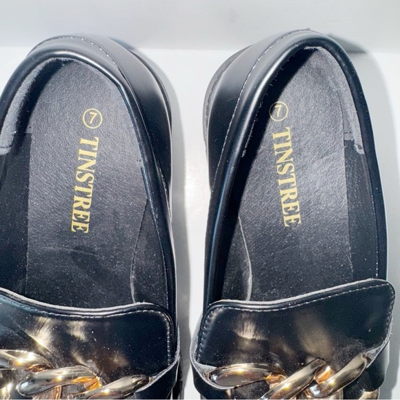 TINSTREE Platform Black Loafers Chain Sz 7 Chunky Heel Slip On Round Toe Shoes - Picture 5 of 14